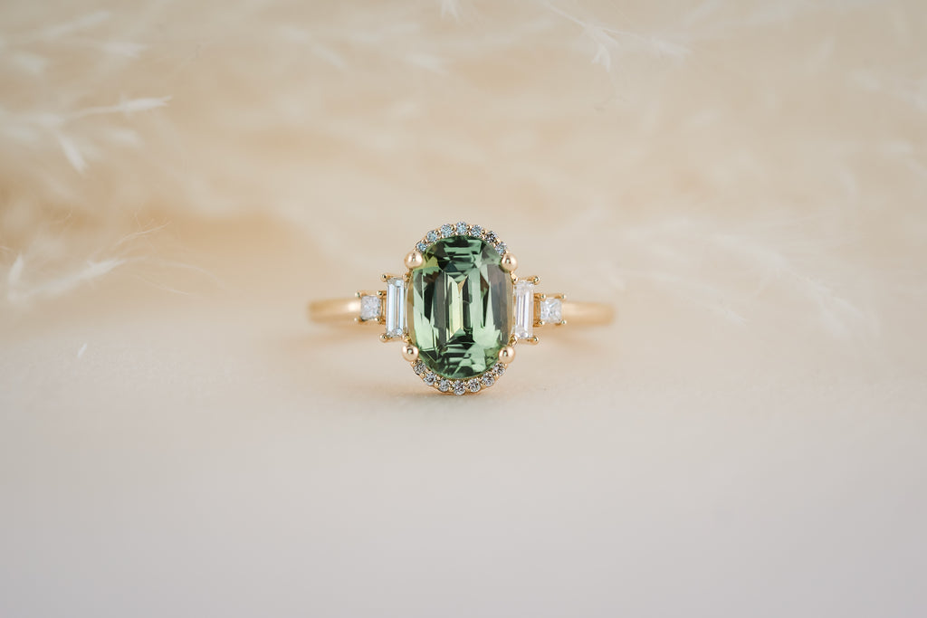 The Sura 2.42 CT Oval Apple Green Sapphire Ring - Lavender Creek Gems 