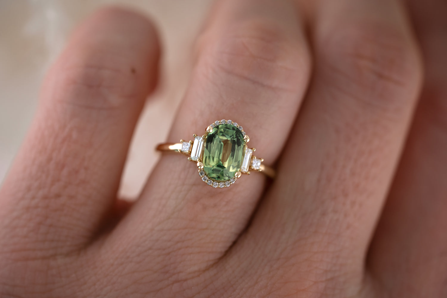 The Sura 2.42 CT Oval Apple Green Sapphire Ring - Lavender Creek Gems 