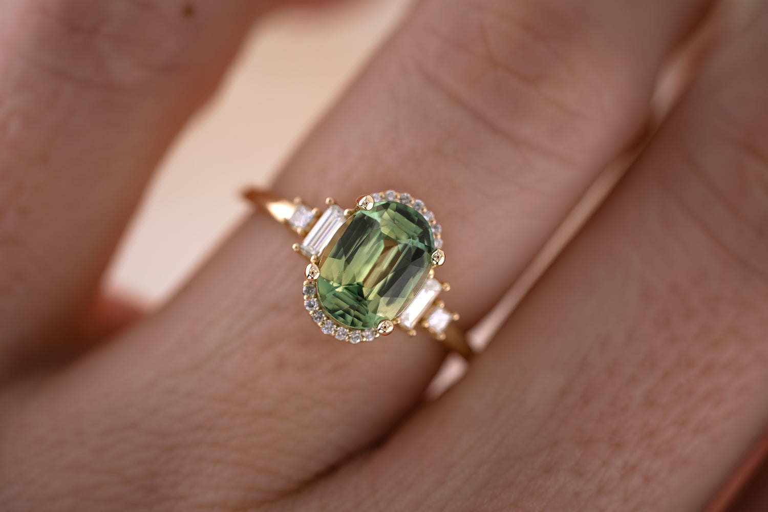 The Sura 2.42 CT Oval Apple Green Sapphire Ring - Lavender Creek Gems 