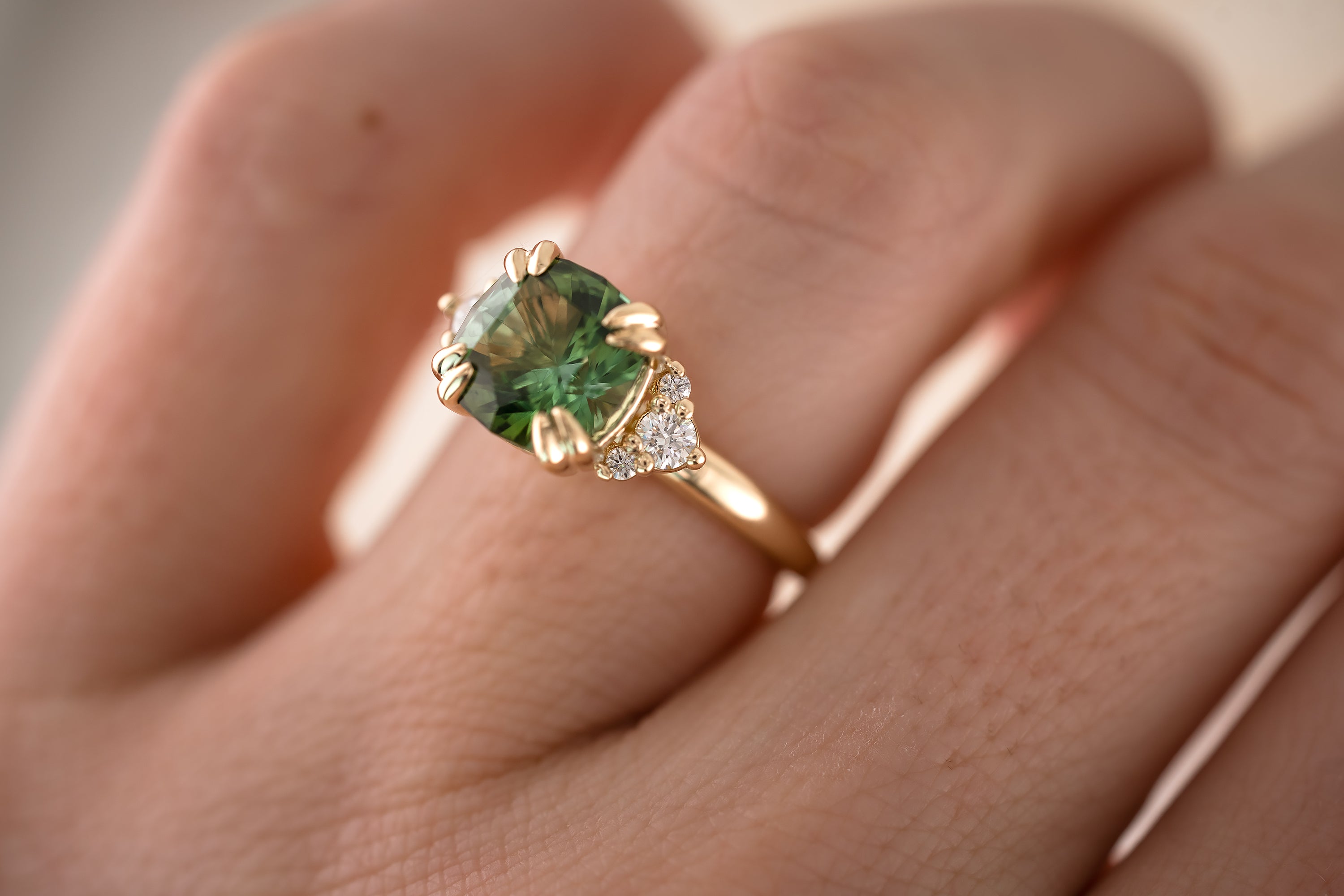 The Paloma 3.1 CT Cushion Green Tourmaline Ring - Lavender Creek Gems 