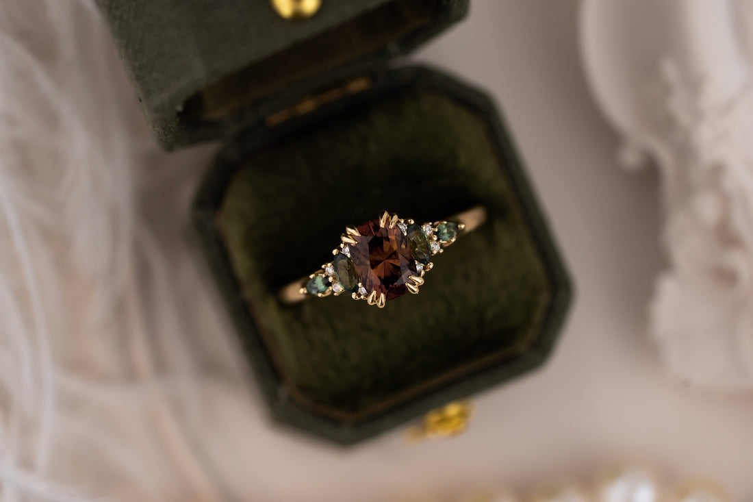 The Maeve Ring | 1.34 CT Elongated Cushion Brown Sapphire + Dark Green Sapphire
