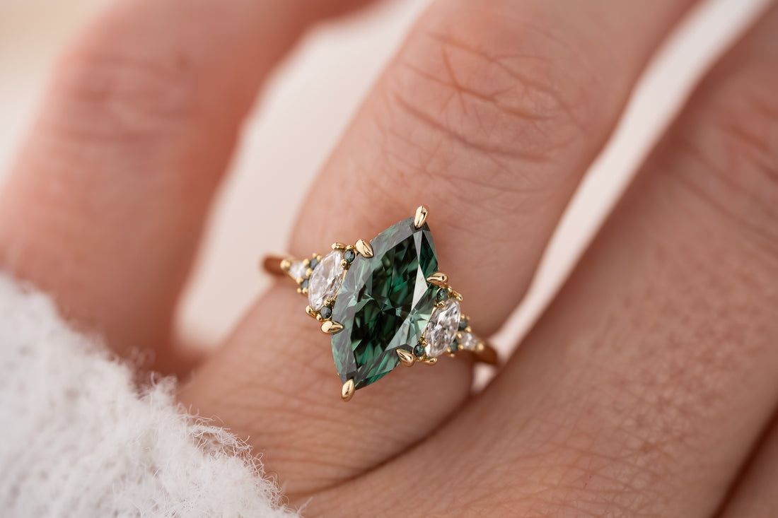 The Low Maeve Ring | 2.65 CT Marquise Green Diamond + Diamond Hidden Halo - Lavender Creek Gems 