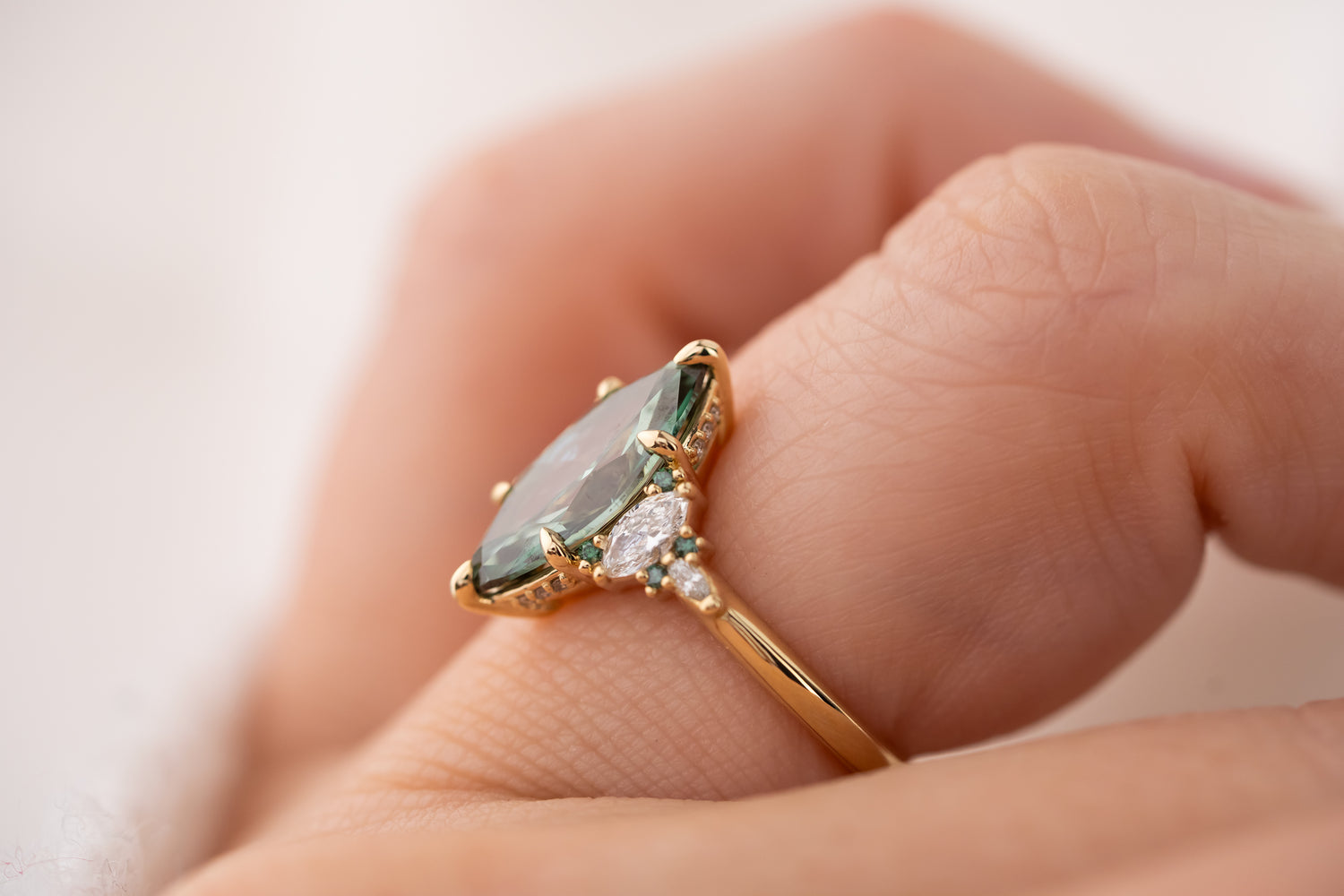 The Low Maeve Ring | 2.65 CT Marquise Green Diamond + Diamond Hidden Halo - Lavender Creek Gems 