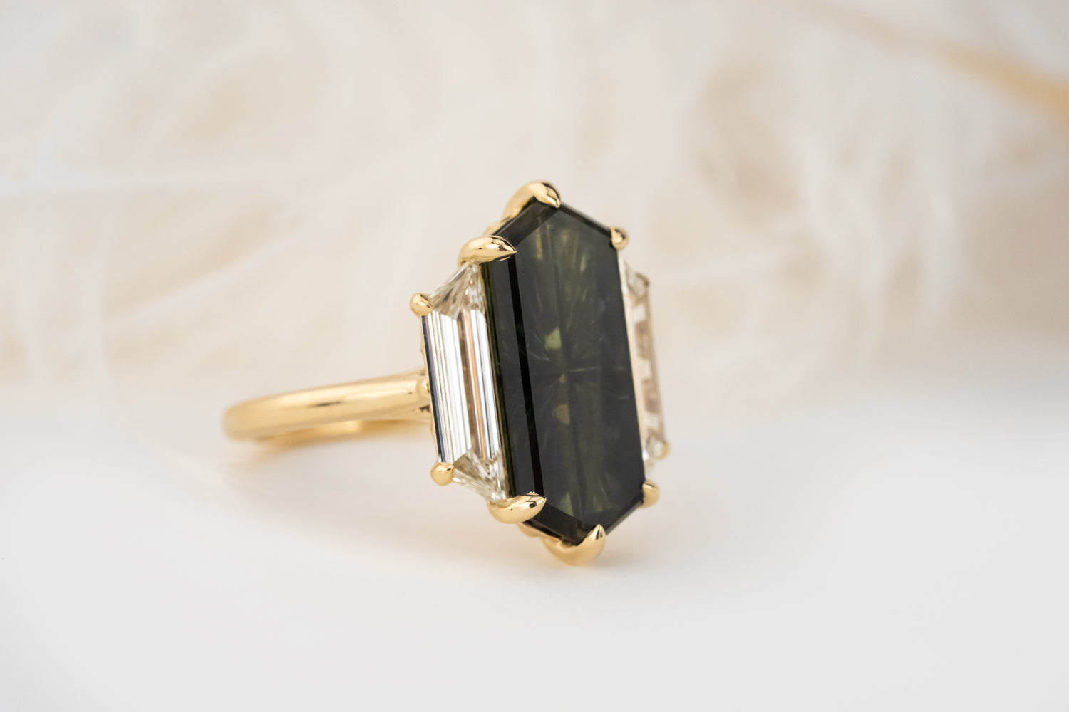 The Tria Ring | 5.52 CT Elongated Hexagon Starbrite™ Green Australian Sapphire - Lavender Creek Gems 