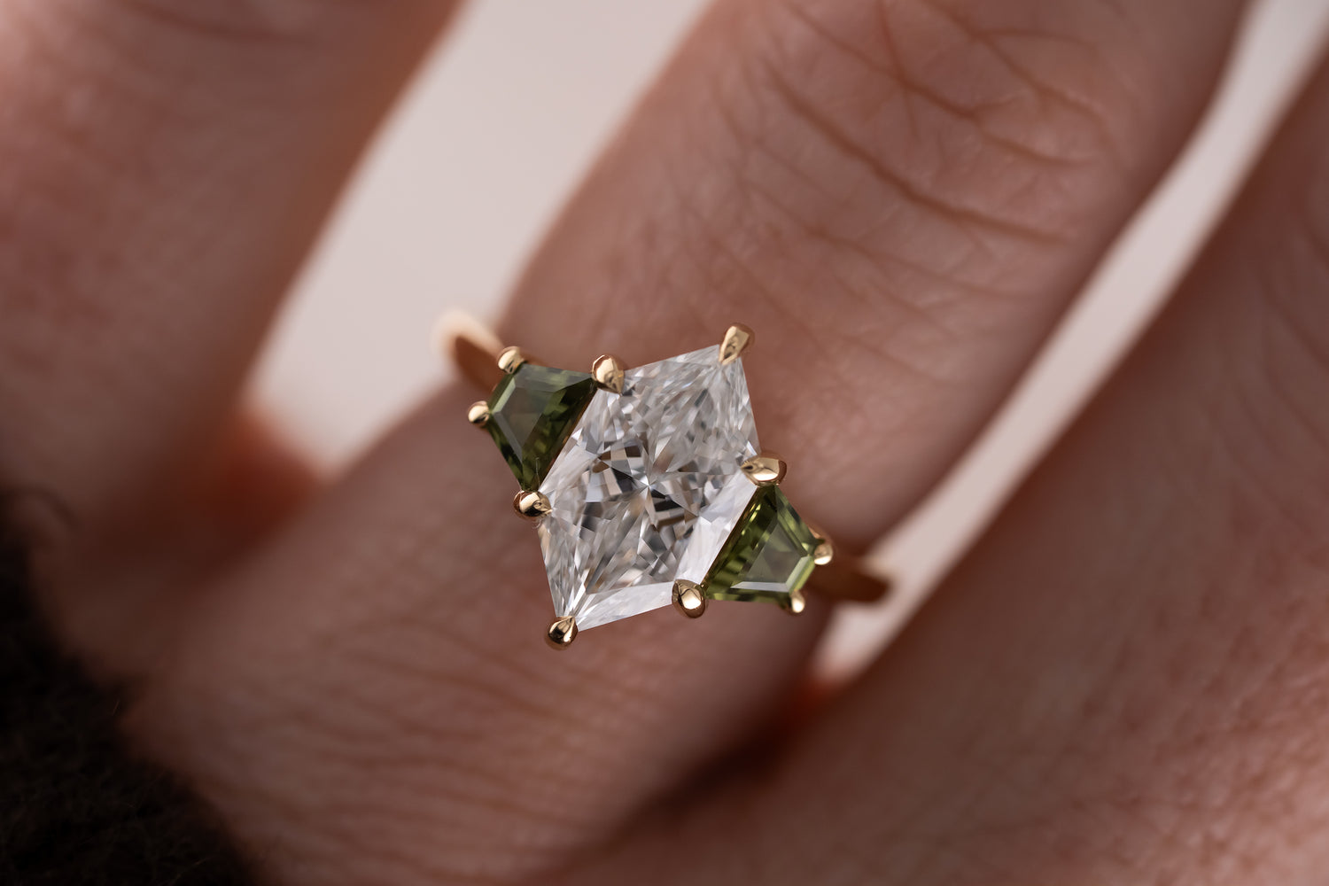 The Tria Ring | 2.4 CT Dutch Marquise Diamond + Green Sapphire - Lavender Creek Gems 