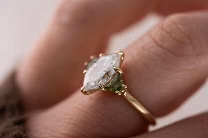 The Tria Ring | 2.4 CT Dutch Marquise Diamond + Green Sapphire - Lavender Creek Gems 