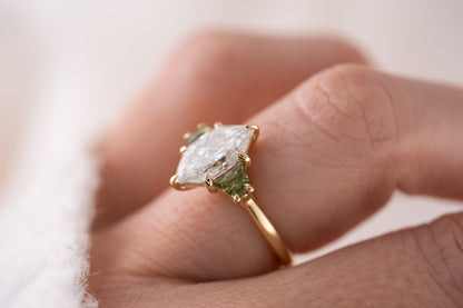 The Tria Ring | 2.4 CT Dutch Marquise Diamond + Green Sapphire - Lavender Creek Gems 