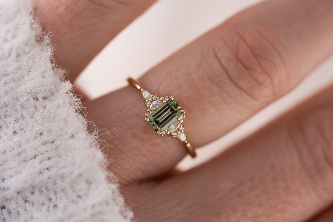 The Mini Maeve Ring | 0.54 CT Emerald Cut Light Green Sapphire - Lavender Creek Gems 