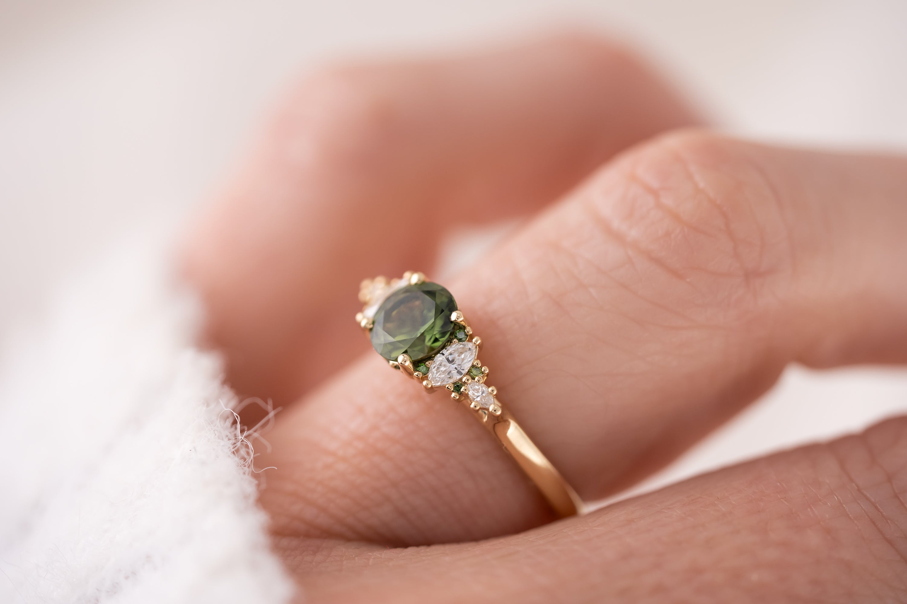 The Maeve Ring | 1.07 CT Round Green Sapphire + Dark Green Diamond Hidden Halo - Lavender Creek Gems 