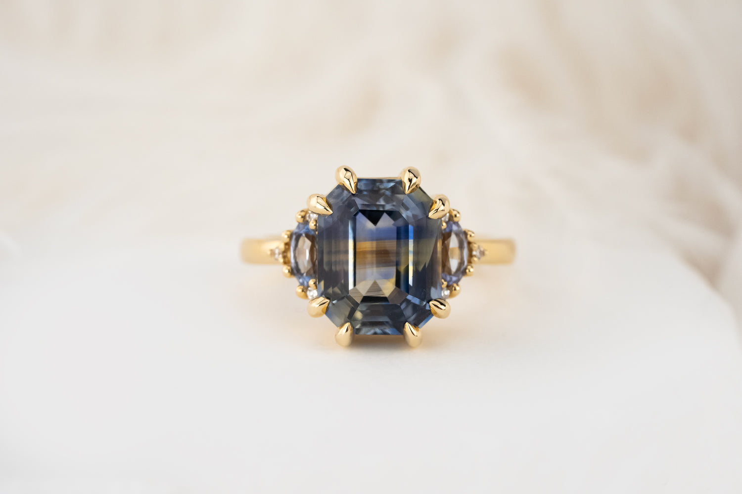 The Low Maren Ring | 6.21 CT Emerald Cut Bicolor Blue Sapphire - Lavender Creek Gems 