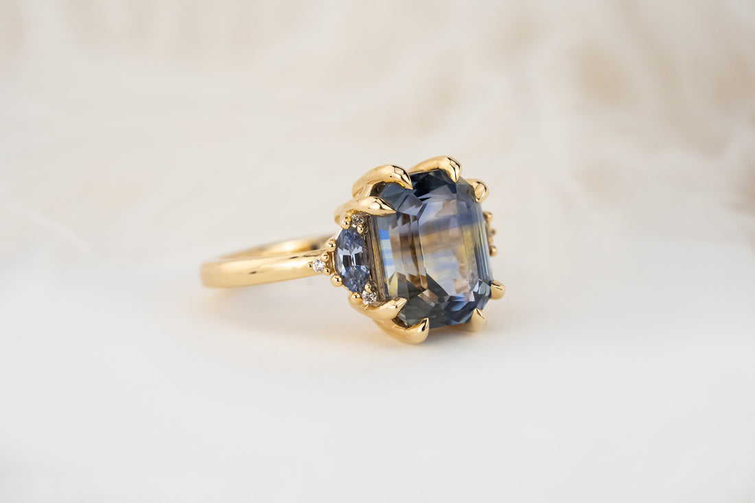 The Low Maren Ring | 6.21 CT Emerald Cut Bicolor Blue Sapphire - Lavender Creek Gems 