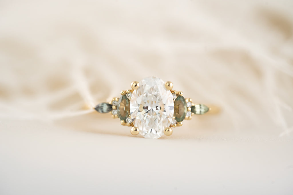 The Maeve Ring - 1.2 CT Oval Diamond + Green Sapphire - Lavender Creek Gems 