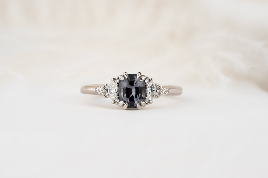The Low Maeve Ring | 0.91 CT Elongated Cushion Gray Spinel - Lavender Creek Gems 