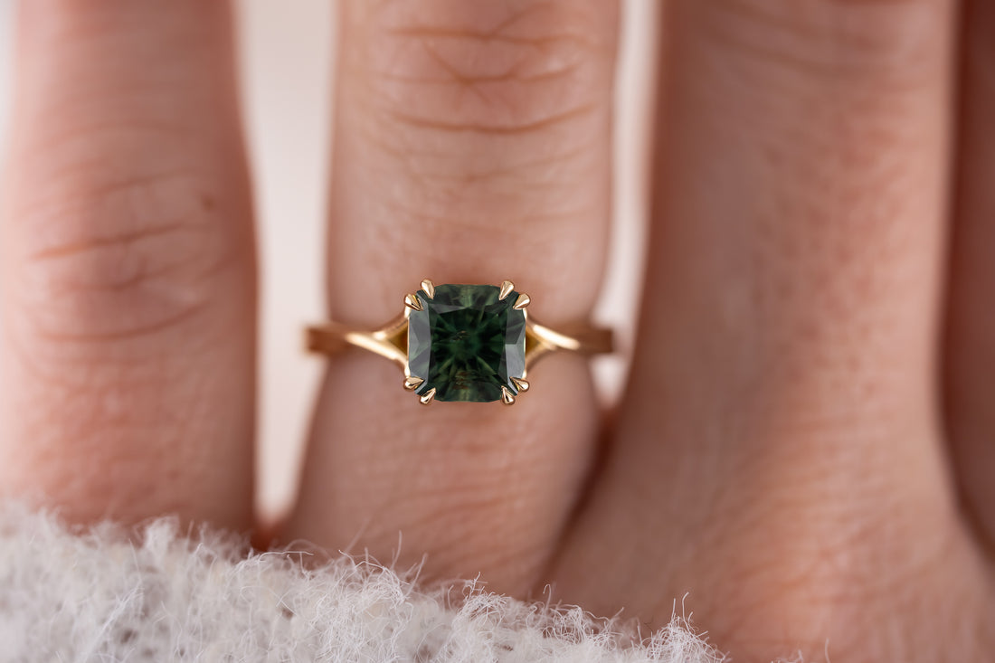 The Fates Ring | 2.24 CT Cushion Green/Teal Montana Sapphire