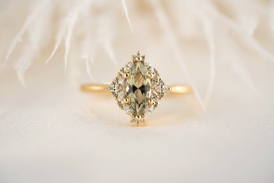 The Noemi Ring | 0.8 CT Marquise Light Green Sapphire - Lavender Creek Gems