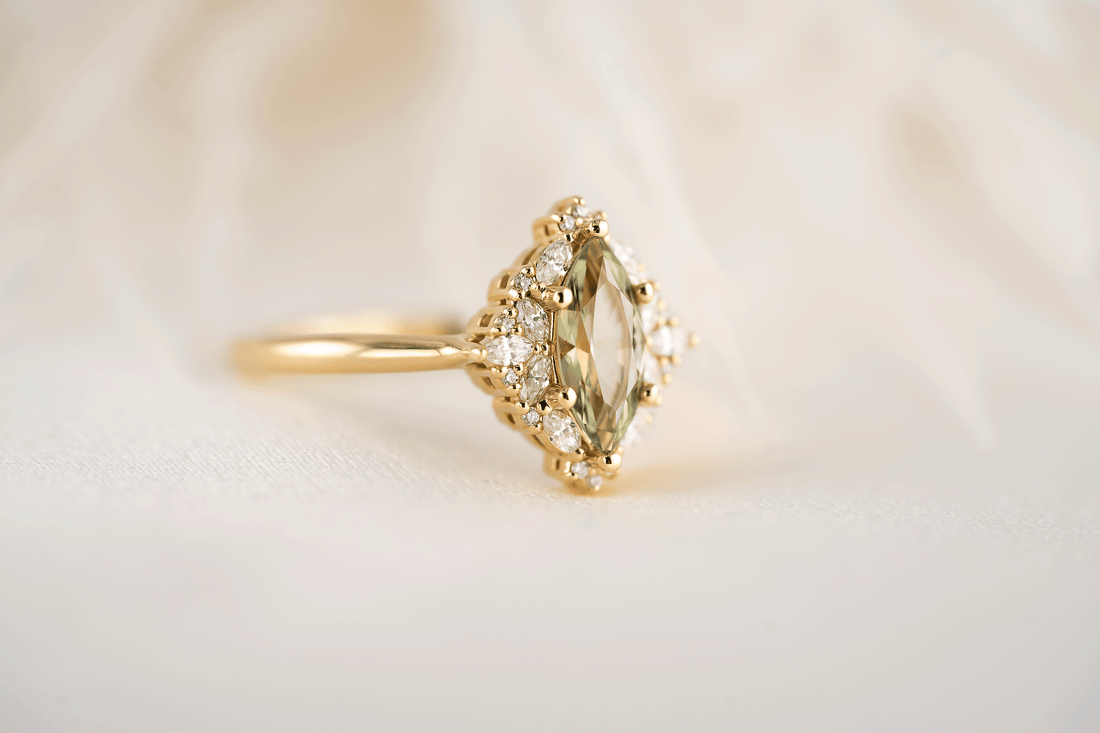 The Noemi Ring | 0.8 CT Marquise Light Green Sapphire - Lavender Creek Gems