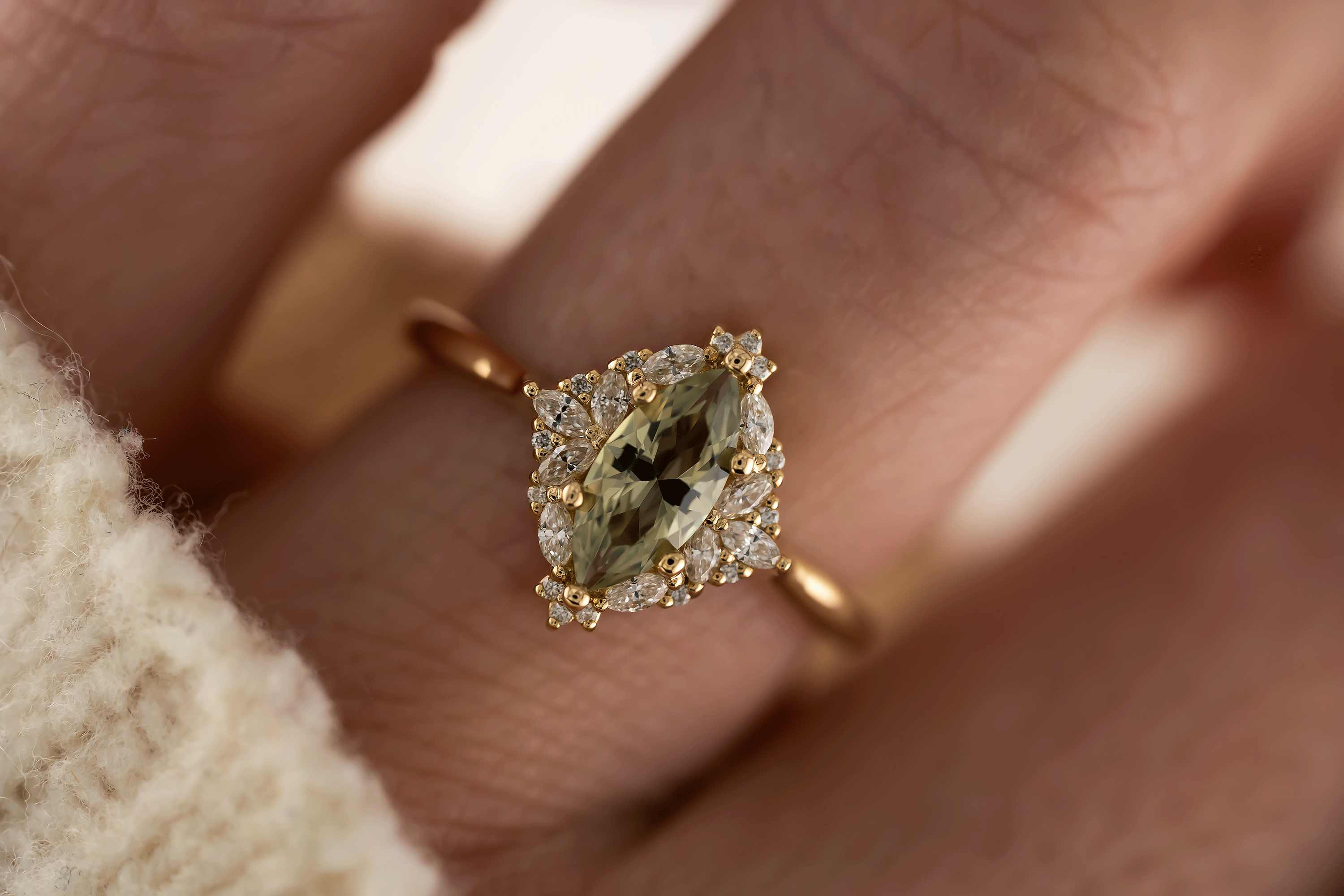 The Noemi Ring | 0.8 CT Marquise Light Green Sapphire - Lavender Creek Gems 