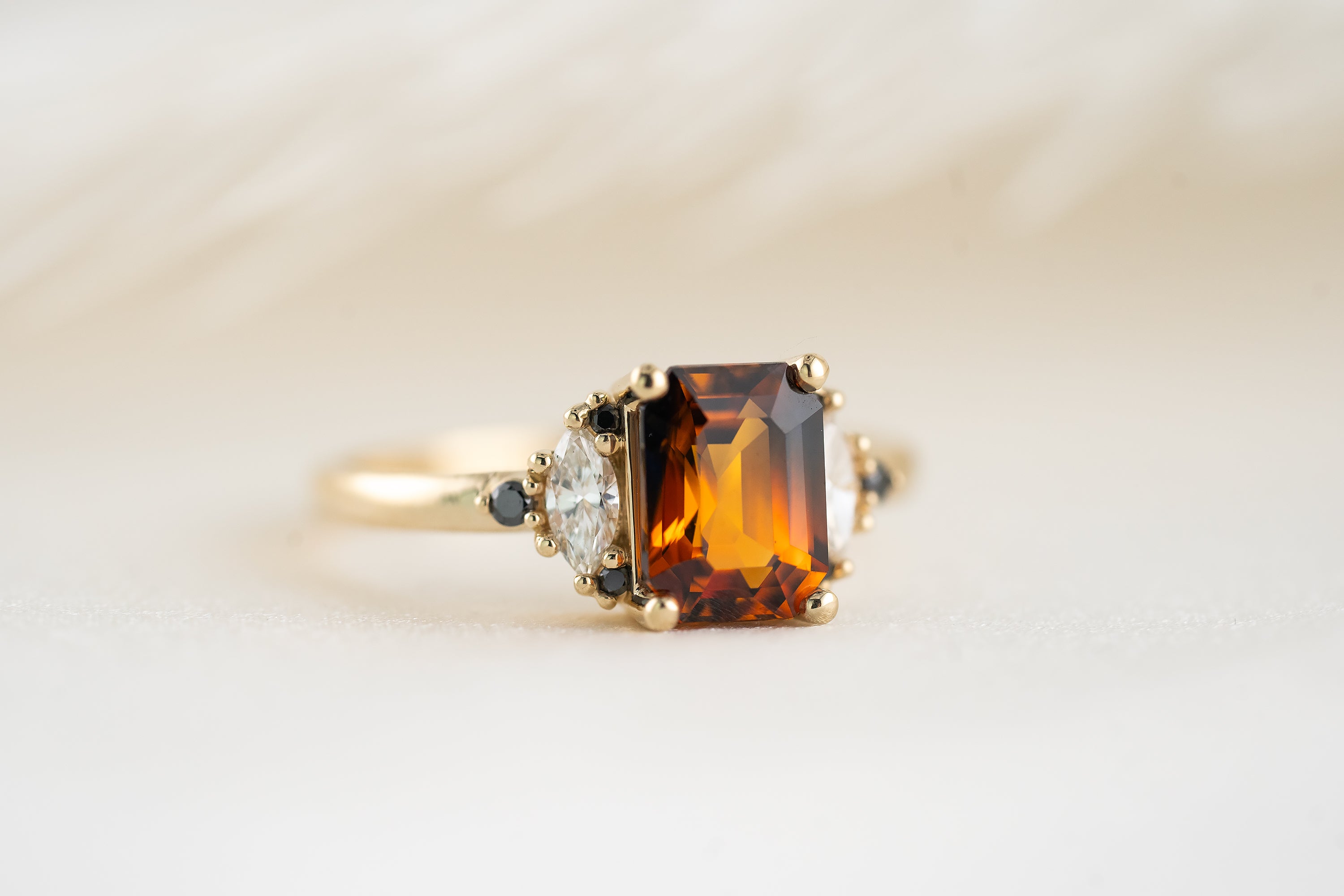 The Maren Ring | 2.1 CT Emerald Cut Charred Orange Sapphire - Lavender Creek Gems 