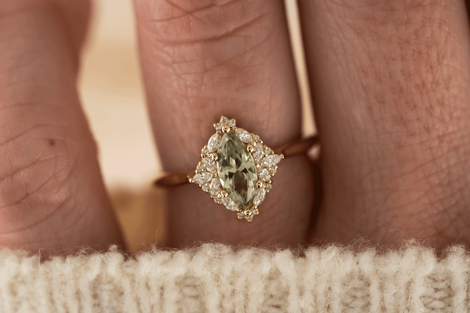 The Noemi Ring | 0.8 CT Marquise Light Green Sapphire