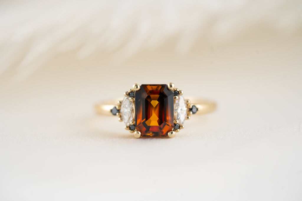 The Maren Ring | 2.1 CT Emerald Cut Charred Orange Sapphire - Lavender Creek Gems 