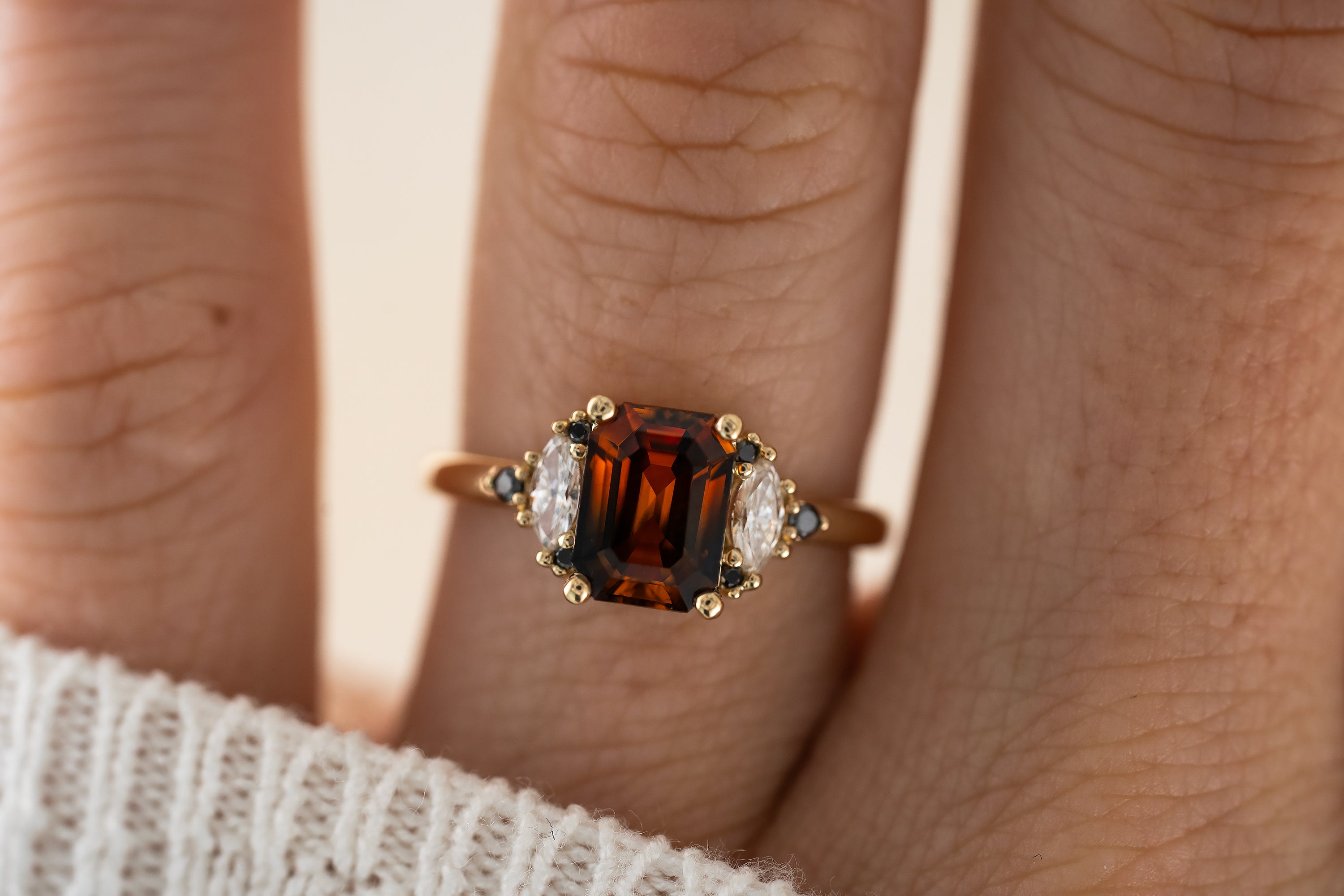 The Maren Ring | 2.1 CT Emerald Cut Charred Orange Sapphire - Lavender Creek Gems 