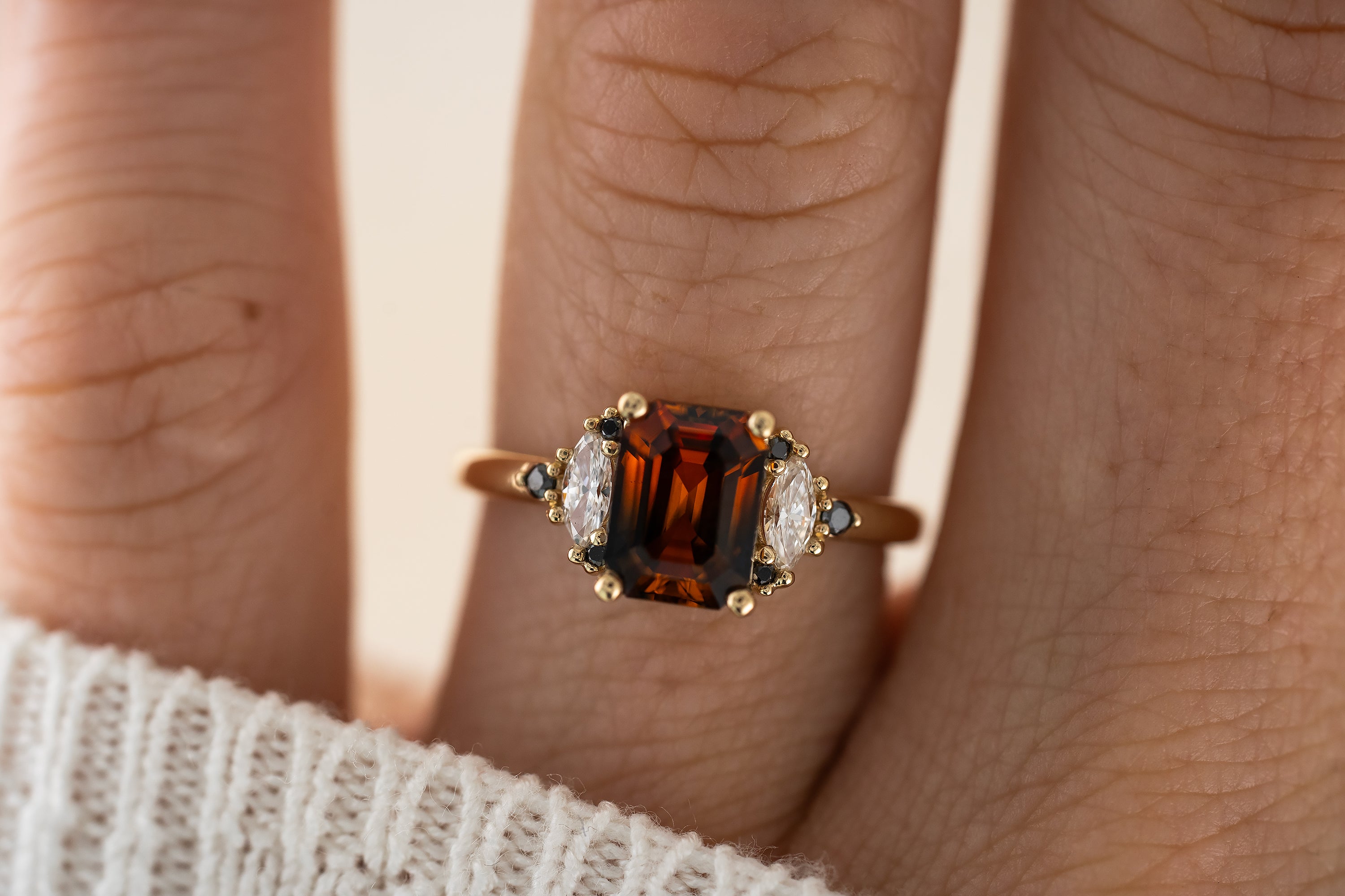 The Maren Ring | 2.1 CT Emerald Cut Charred Orange Sapphire - Lavender Creek Gems 
