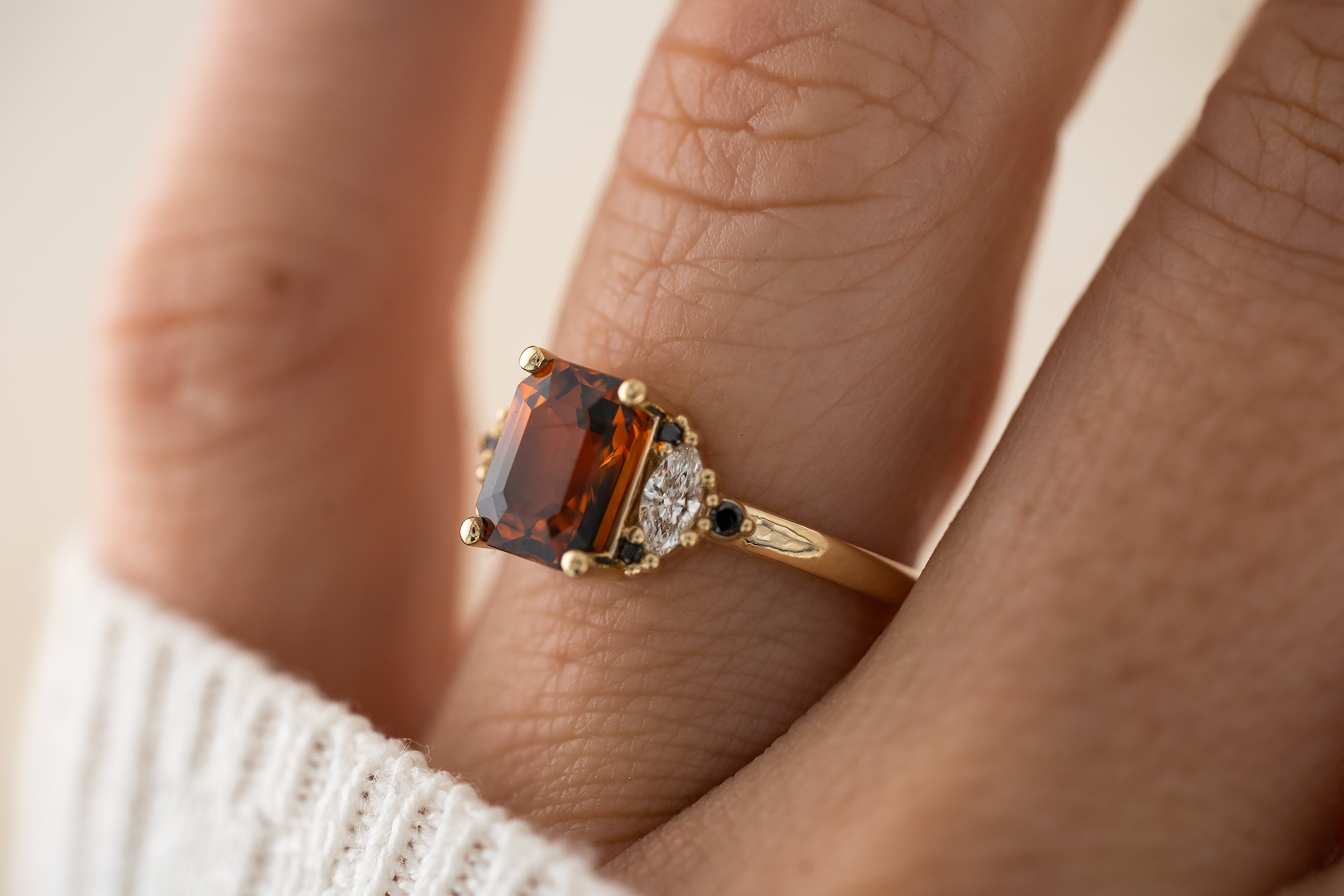 The Maren Ring | 2.1 CT Emerald Cut Charred Orange Sapphire - Lavender Creek Gems 