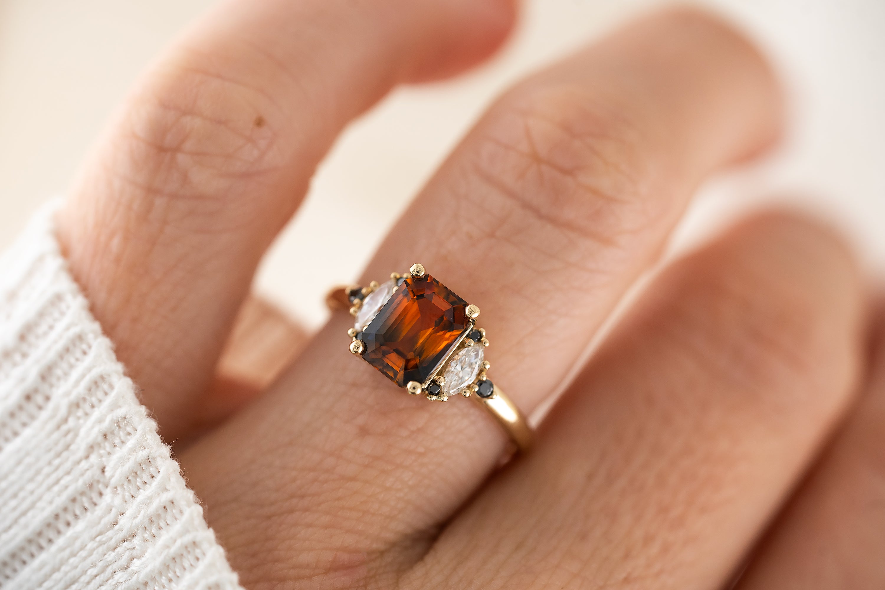 The Maren Ring | 2.1 CT Emerald Cut Charred Orange Sapphire - Lavender Creek Gems 