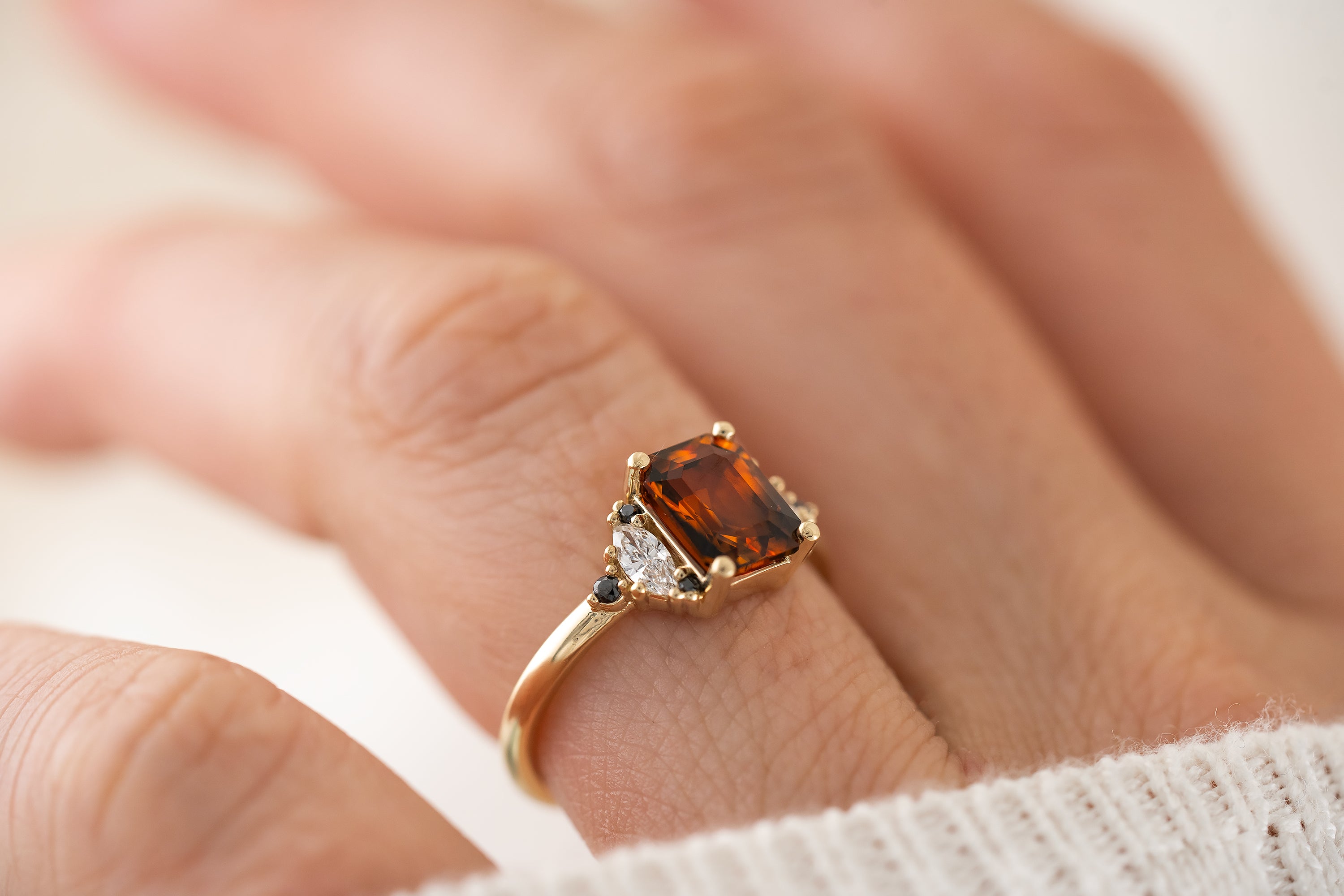 The Maren Ring | 2.1 CT Emerald Cut Charred Orange Sapphire - Lavender Creek Gems 