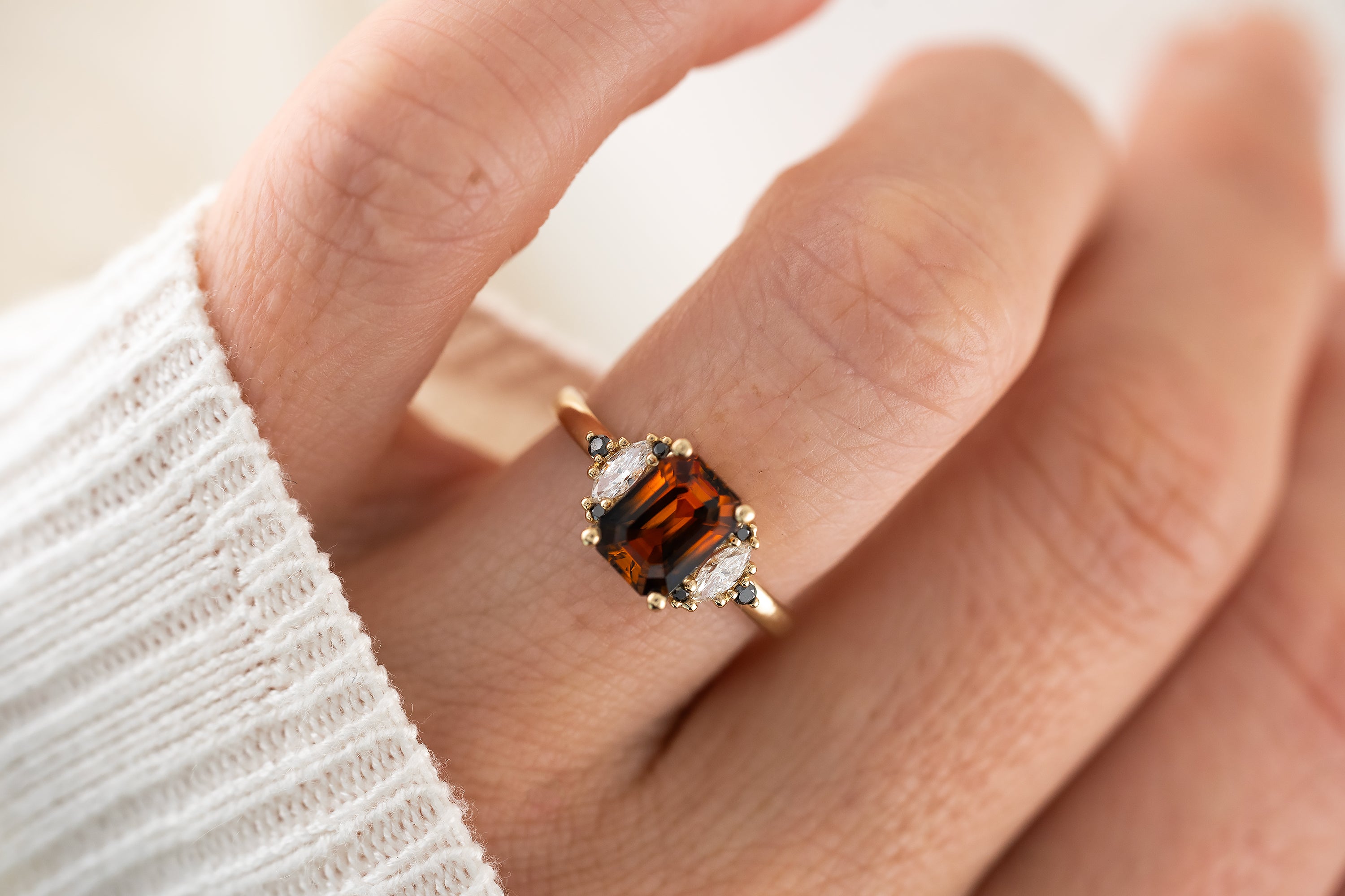 The Maren Ring | 2.1 CT Emerald Cut Charred Orange Sapphire - Lavender Creek Gems 