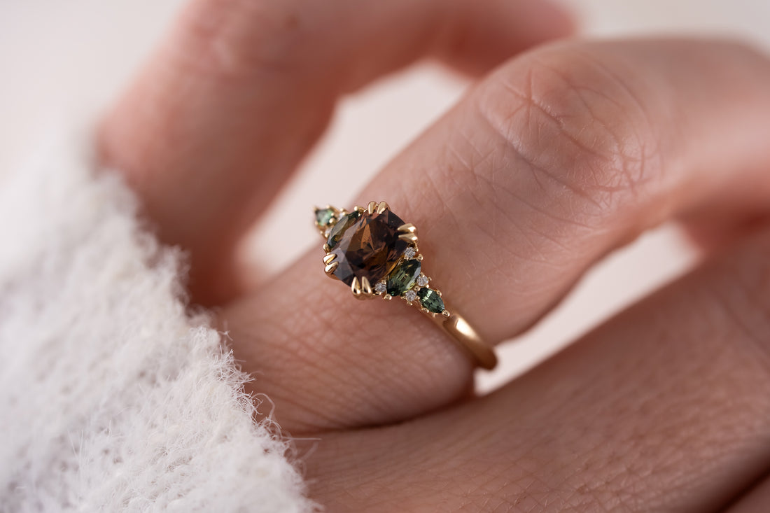 The Maeve Ring | 1.34 CT Elongated Cushion Brown Sapphire + Dark Green Sapphire