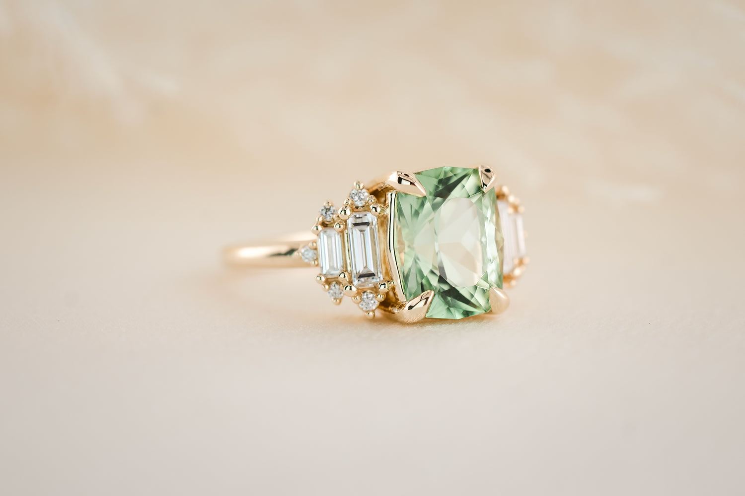 The Soleil Ring | 3.2 CT Radiant Mint Green Tourmaline - Lavender Creek Gems 