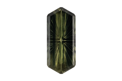 Faceted green gemstone on a white background