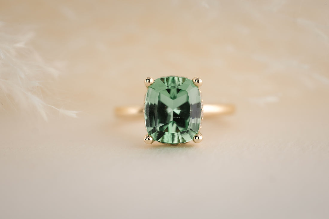 The Hidden Halo Ring - 4.3 CT Cushion Apple Green Tourmaline - Lavender Creek Gems