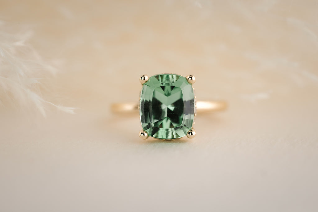 The Hidden Halo Ring - 4.3 CT Cushion Apple Green Tourmaline - Lavender Creek Gems 