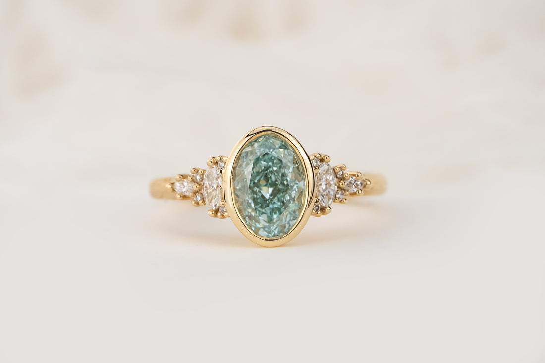 The Bezel Maeve Ring | 1.53 CT Oval Teal Green/Blue Diamond - Lavender Creek Gems 