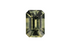 Green gemstone with an emerald cut on a gray background