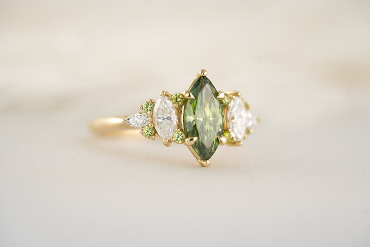 The Maeve Ring - 1 CT Marquise Green Lab Diamond + Demantoid Garnet