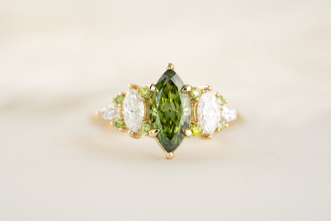 The Maeve Ring - 1 CT Marquise Green Lab Diamond + Demantoid Garnet - Lavender Creek Gems
