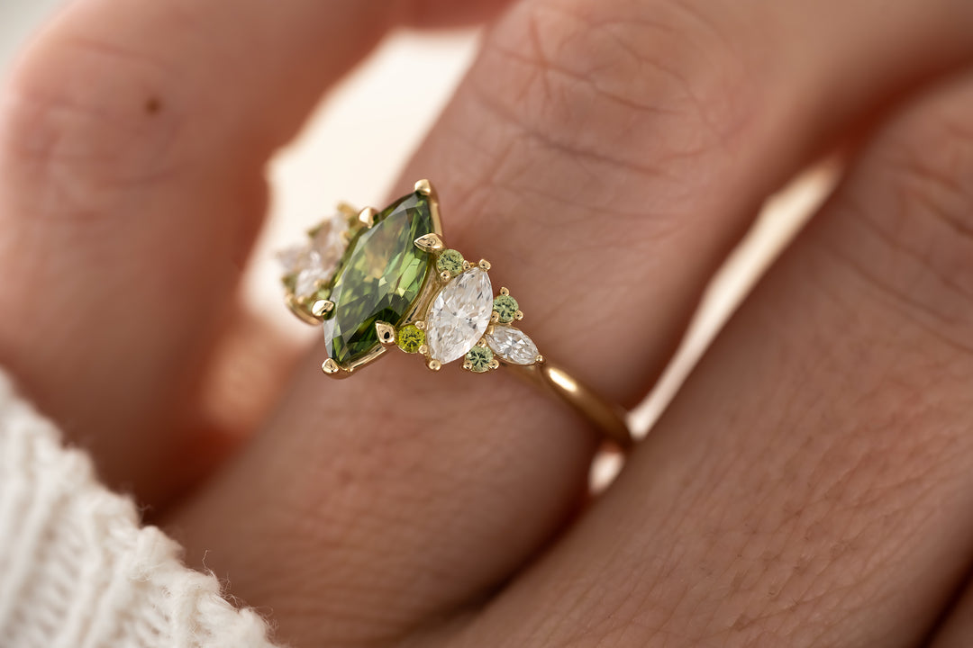 The Maeve Ring - 1 CT Marquise Green Lab Diamond + Demantoid Garnet