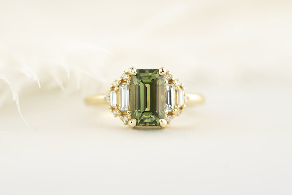 The Soleil Ring | 2.6 CT Emerald Cut Green Sapphire - Lavender Creek Gems 