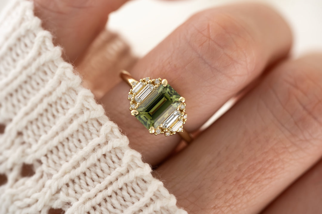 The Soleil Ring - 2.6 CT Emerald Cut Green Sapphire