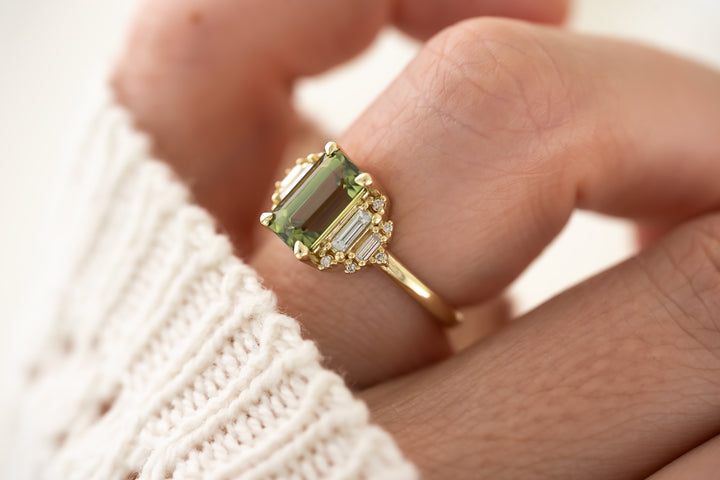 The Soleil Ring - 2.6 CT Emerald Cut Green Sapphire