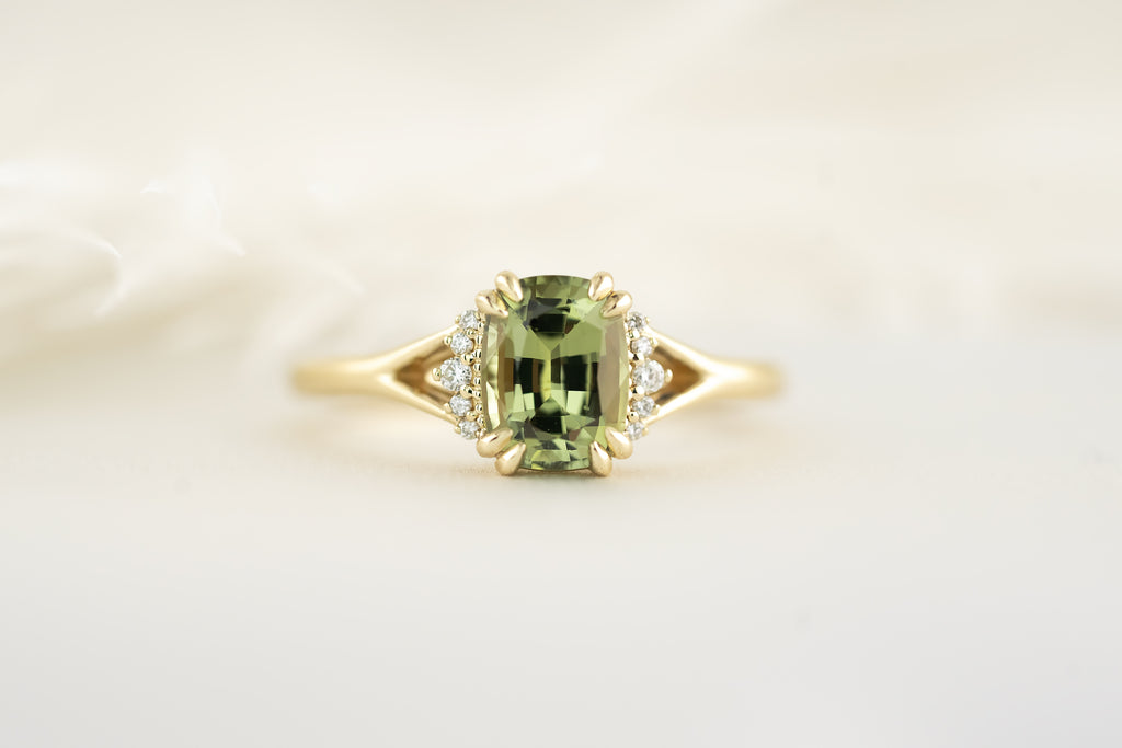 The Serendipity Ring - 1.6 CT Cushion Green Sapphire - Lavender Creek Gems 