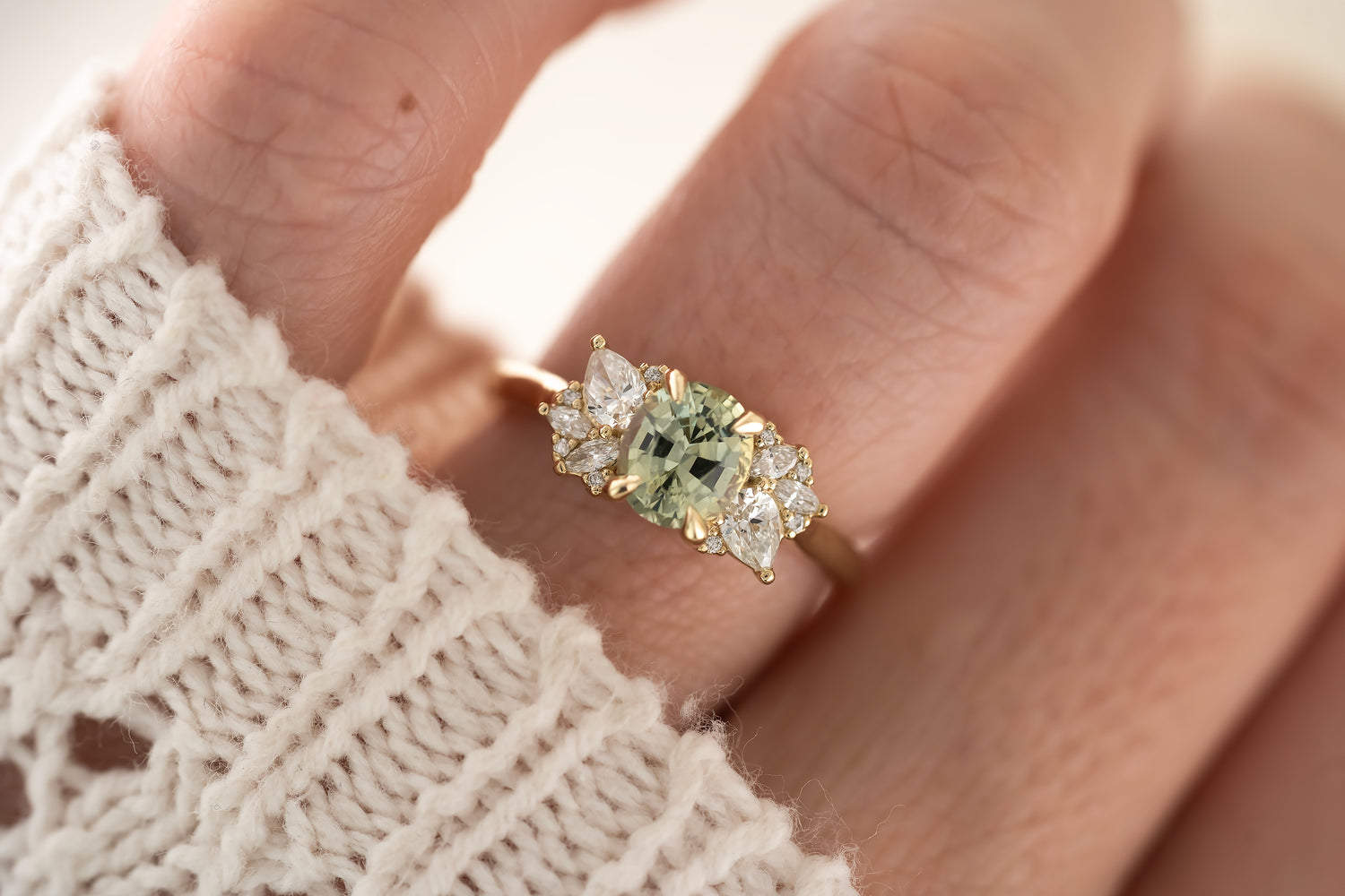 The Fleur Ring - 1.3 CT Oval Mint Green Montana Sapphire - Lavender Creek Gems 