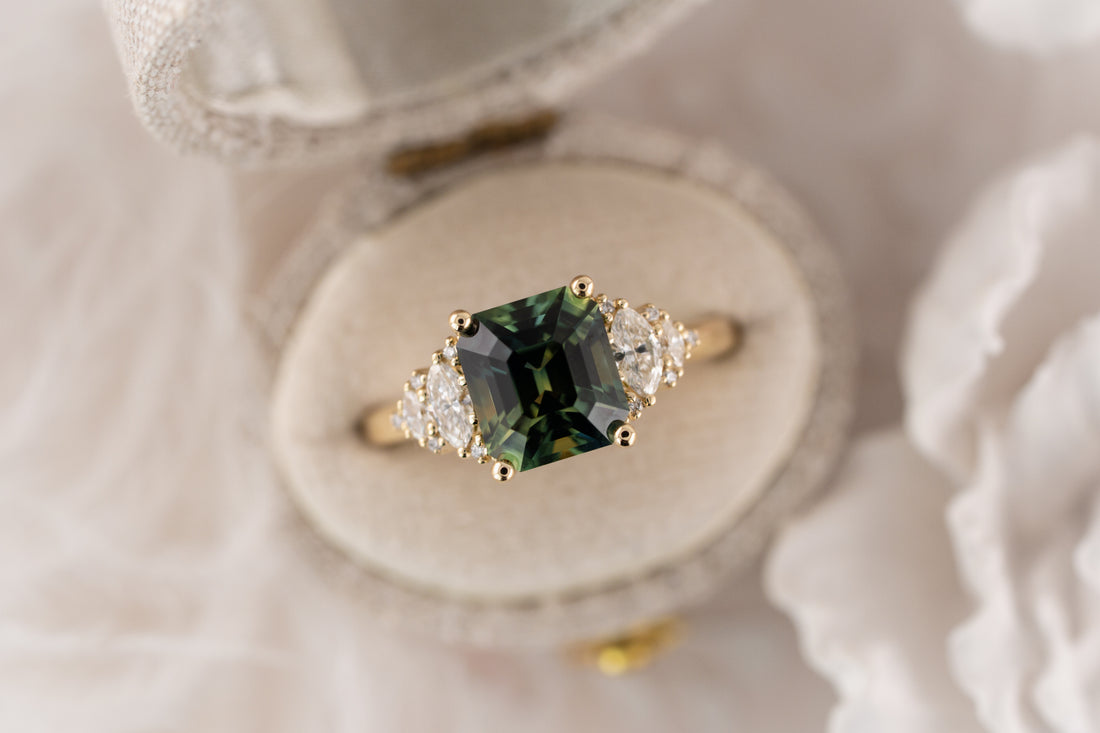The Vivienne Ring | 3.54 CT Emerald Cut Teal Parti Sapphire - Lavender Creek Gems