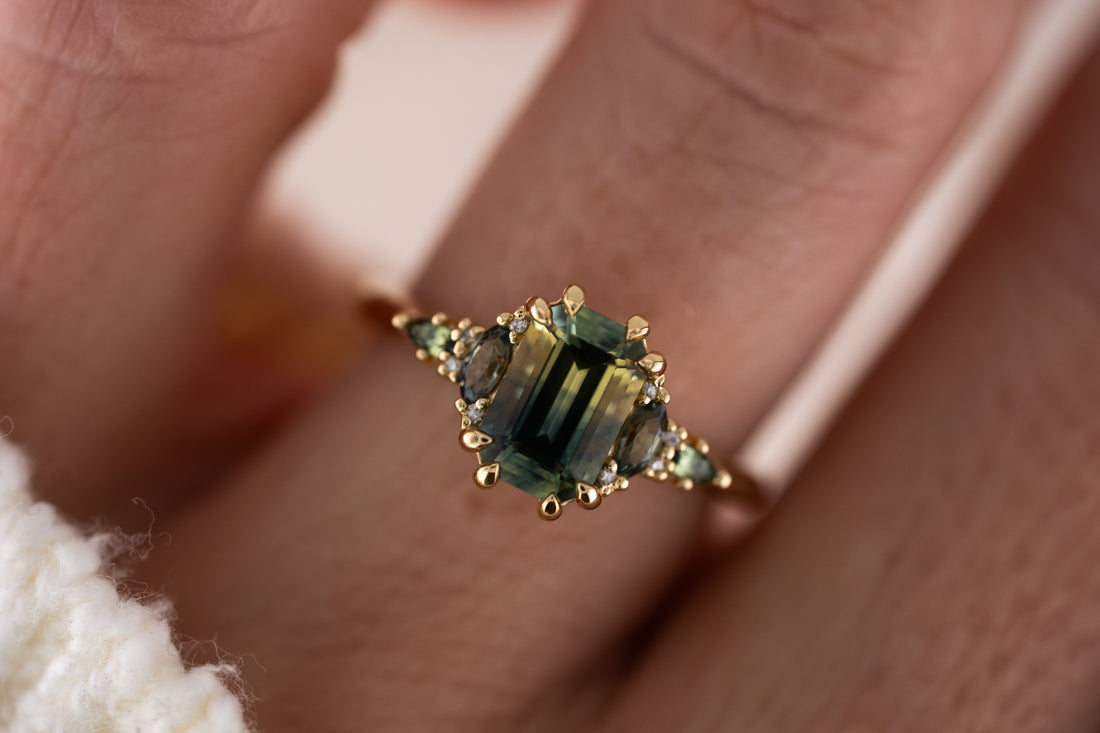 The Maeve Ring | 1.92 CT Emerald Cut Bicolor Teal Sapphire - Lavender Creek Gems