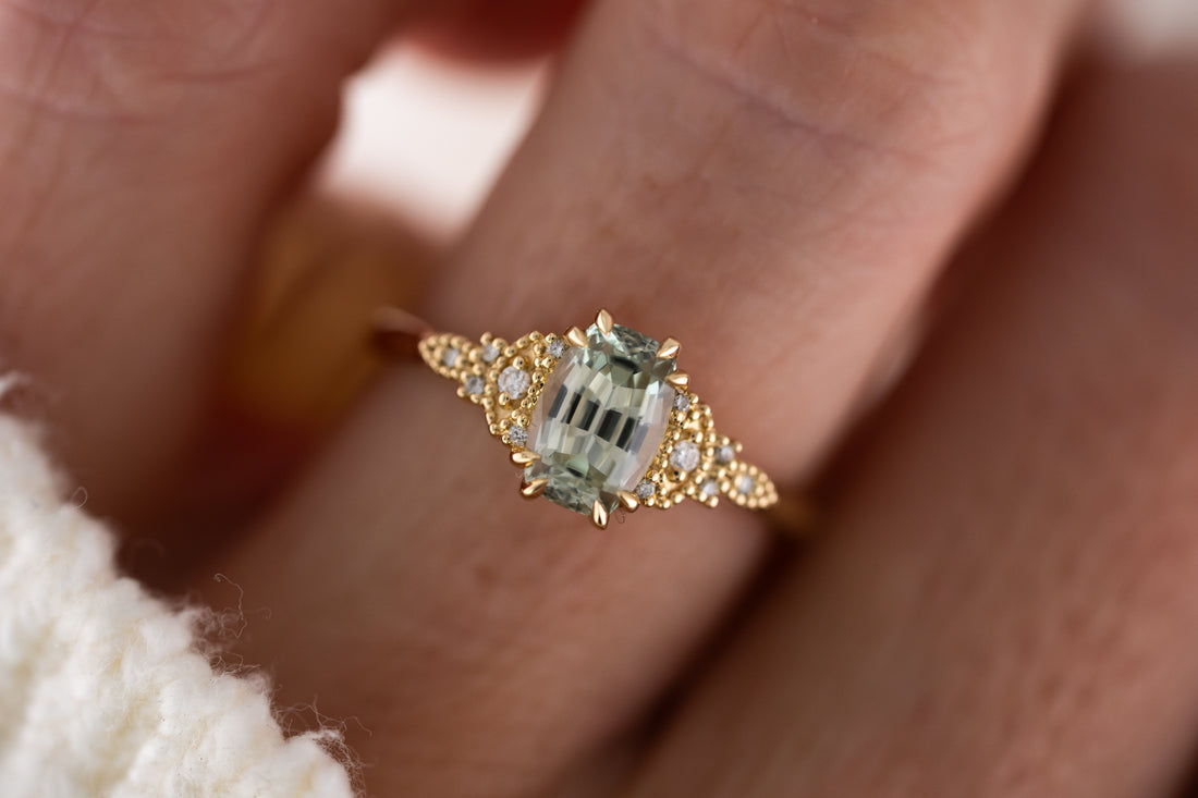 The Art Deco Maeve Ring | 1.55 CT Elongated Cushion Mint Green Sapphire - Lavender Creek Gems