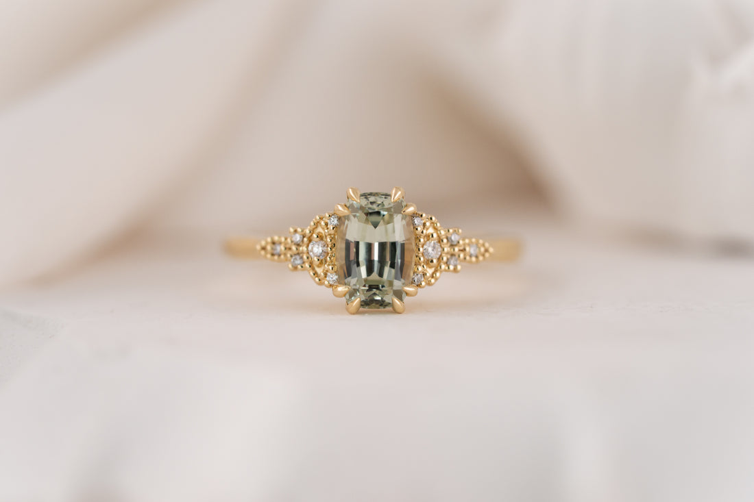 The Art Deco Maeve Ring | 1.55 CT Elongated Cushion Mint Green Sapphire - Lavender Creek Gems