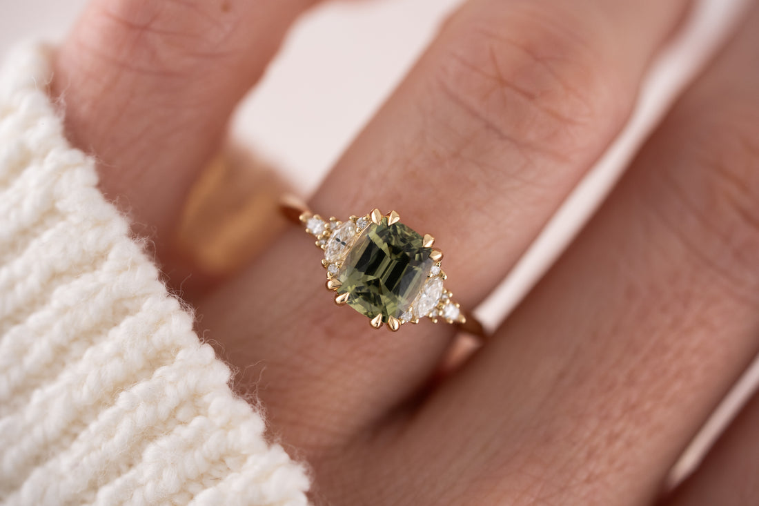The Maeve Ring | 2 CT Cushion Green Sapphire - Lavender Creek Gems